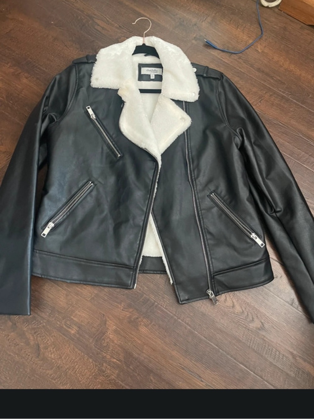 Charlotte Russe Black Faux Leather Moto Jacket with White Sherpa Collar